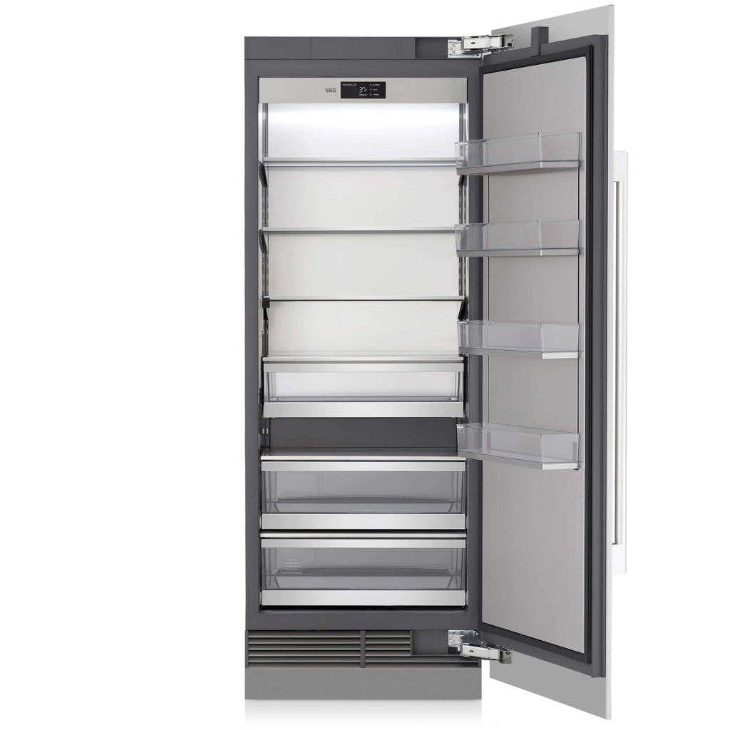 Signature Kitchen Suite 75cm integrated larder fridge with the door open, showing shelves and drawers