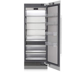 Signature Kitchen Suite 75cm integrated larder fridge with the door open, showing shelves and drawers