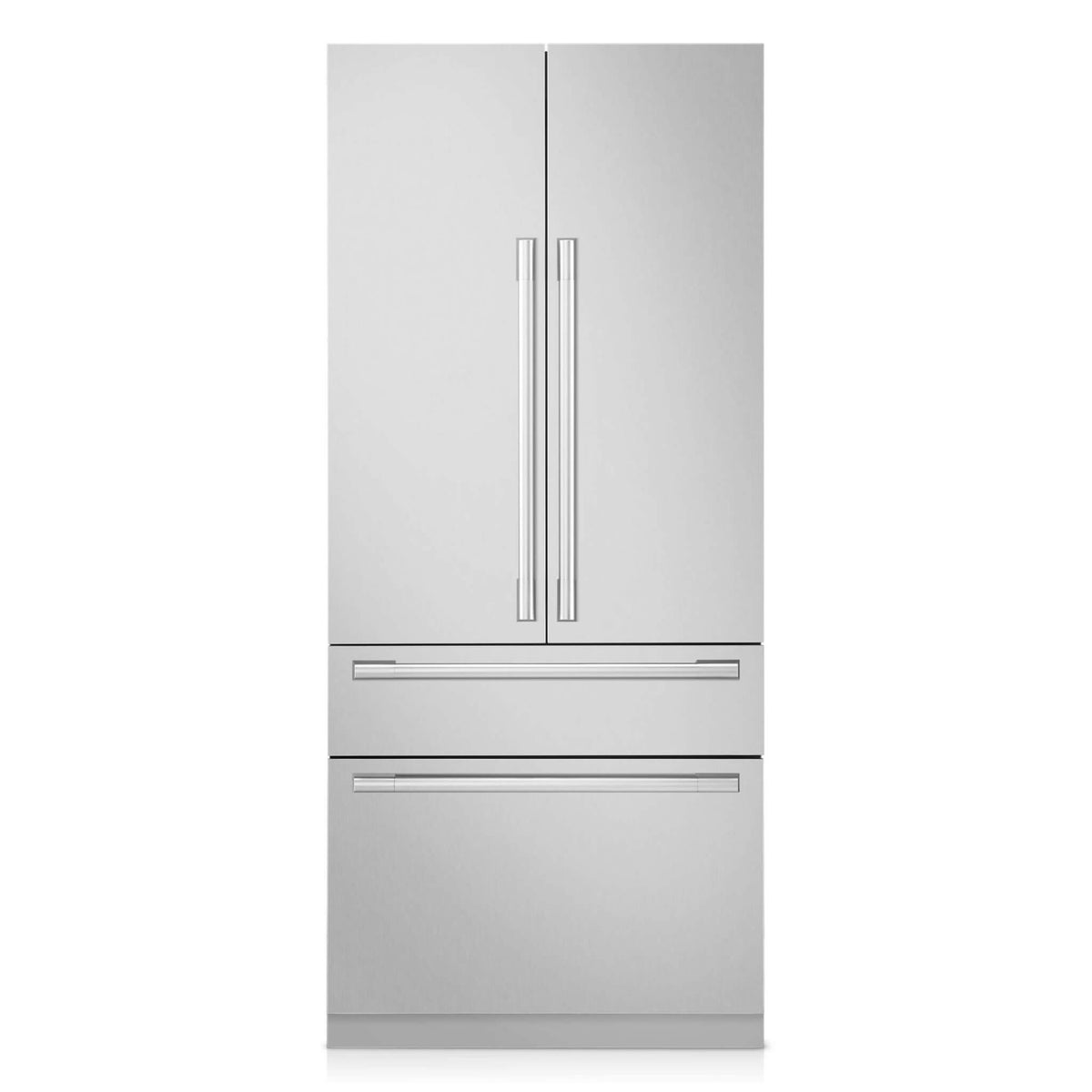 Signature Kitchen Suite 90cm French door fridge freezer with stainless steel panels, doors closed