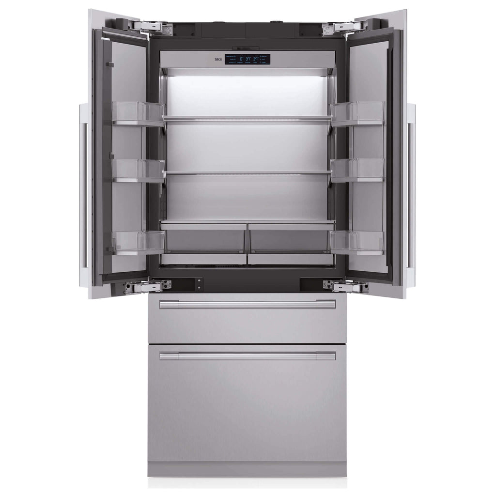 Signature Kitchen Suite 90cm French door fridge freezer with both doors open, showing shelves and two lower drawers