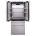 Signature Kitchen Suite 90cm French door fridge freezer with both doors open, showing shelves and two lower drawers