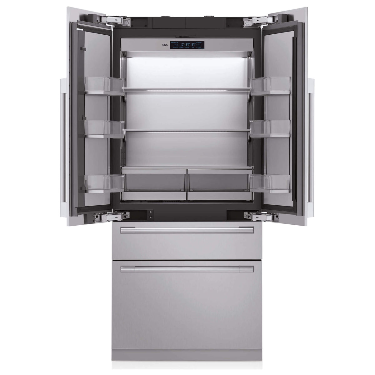 Signature Kitchen Suite 90cm French door fridge freezer with both doors open, showing shelves and two lower drawers
