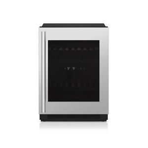 Signature Kitchen Suite undercounter wine cooler with a stainless steel panel and glass door