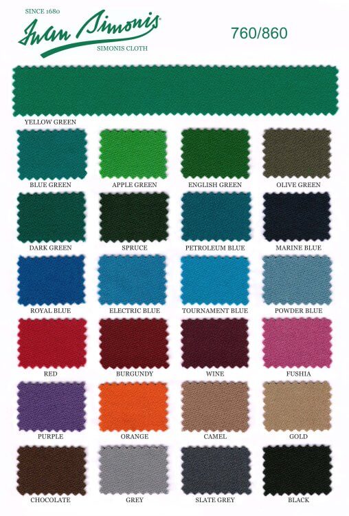 Iwan Simonis 760 and 860 tournament cloth colour chart, available as a cloth upgrade on the Dynamic Xray