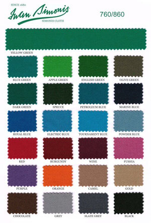 Iwan Simonis 760 and 860 tournament cloth colour chart, available as a cloth upgrade on the Dynamic Xray