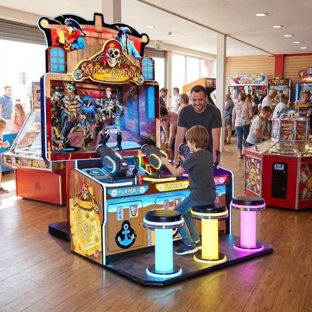 Skull of Shadow pirate shooting arcade machine in a UK seaside arcade with a child playing while a parent watches