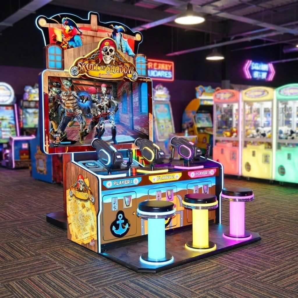Skull of Shadow pirate shooting arcade machine glowing in a family entertainment centre