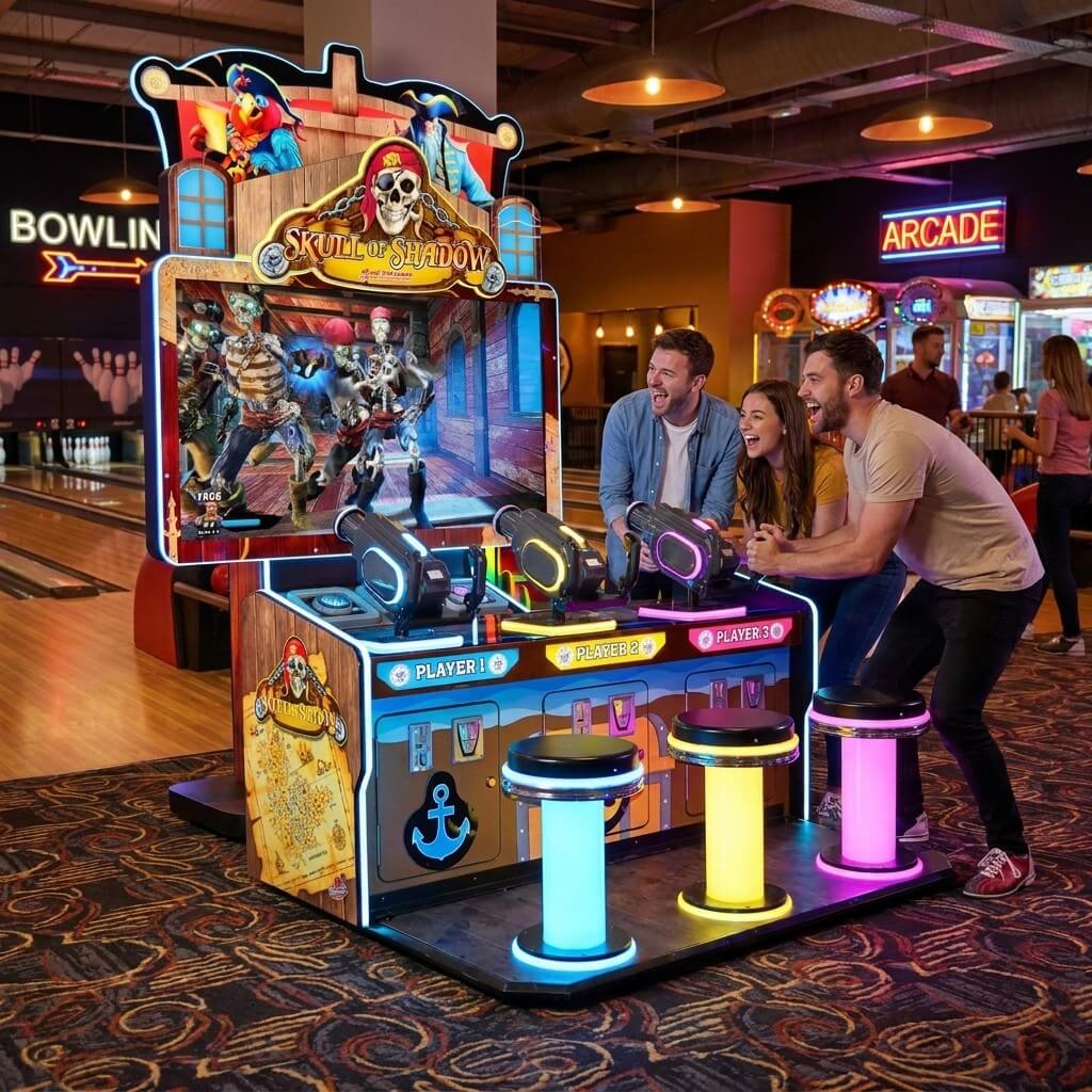 Friends playing Skull of Shadow at a bowling alley in the evening