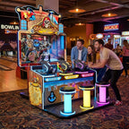 Friends playing Skull of Shadow at a bowling alley in the evening