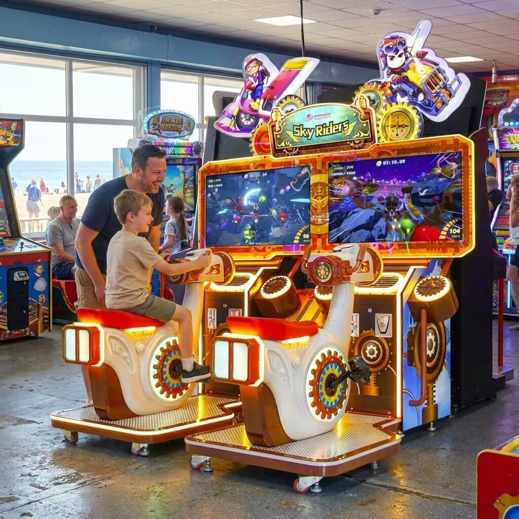 Sky Riders twin ride-on arcade machine in a UK seaside arcade with a child playing while a parent watches