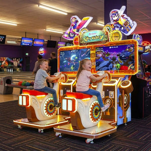 Two children riding Sky Riders at a bowling alley in the evening