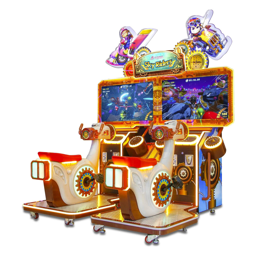 Sky Riders twin ride-on arcade machine with two ride-on seats in front of a wide screen and colourful sign