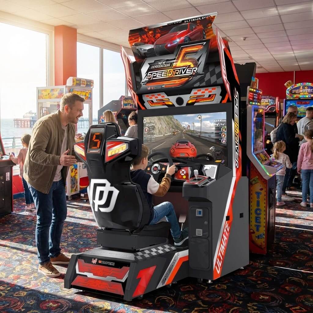 Speed Driver 5 racing arcade machine in a UK seaside arcade with a child racing
