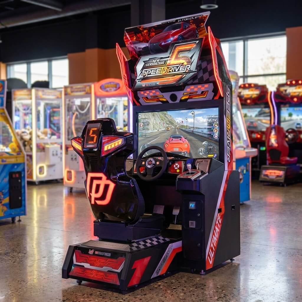 Speed Driver 5 arcade machine glowing in a family entertainment centre