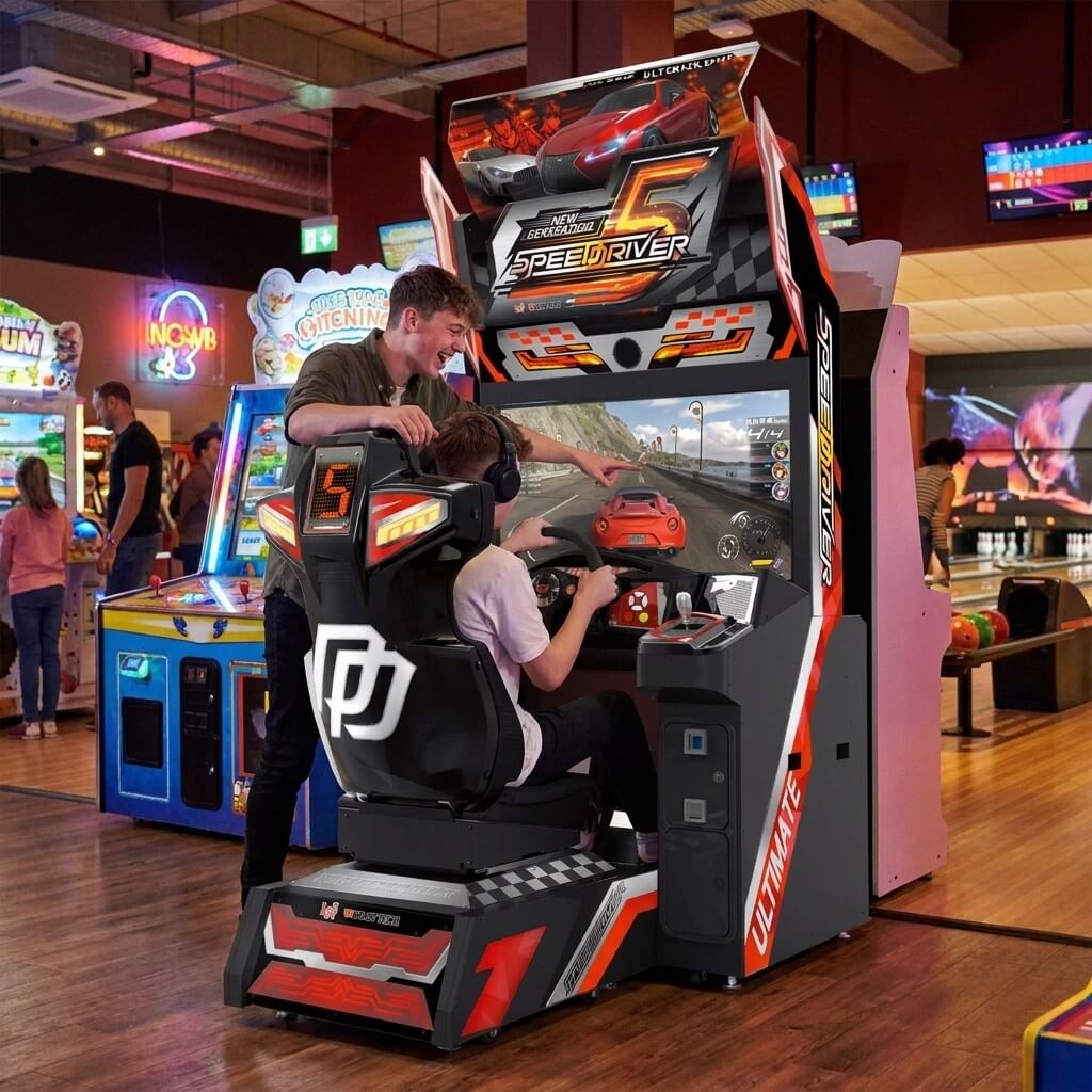 Teenager racing on Speed Driver 5 at a bowling alley in the evening while a friend watches