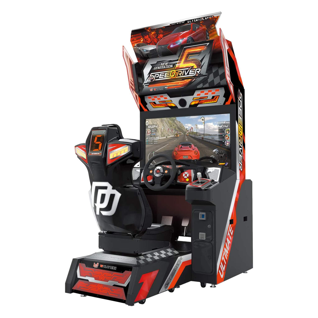 Speed Driver 5 racing arcade machine with black and red cabinet, racing seat and steering wheel