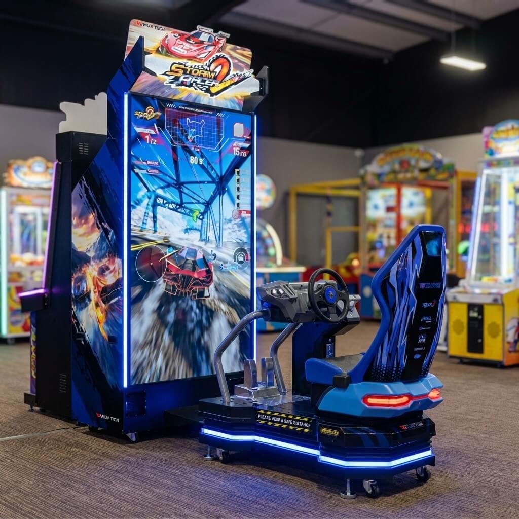 Storm Racer 2 arcade machine glowing in a family entertainment centre