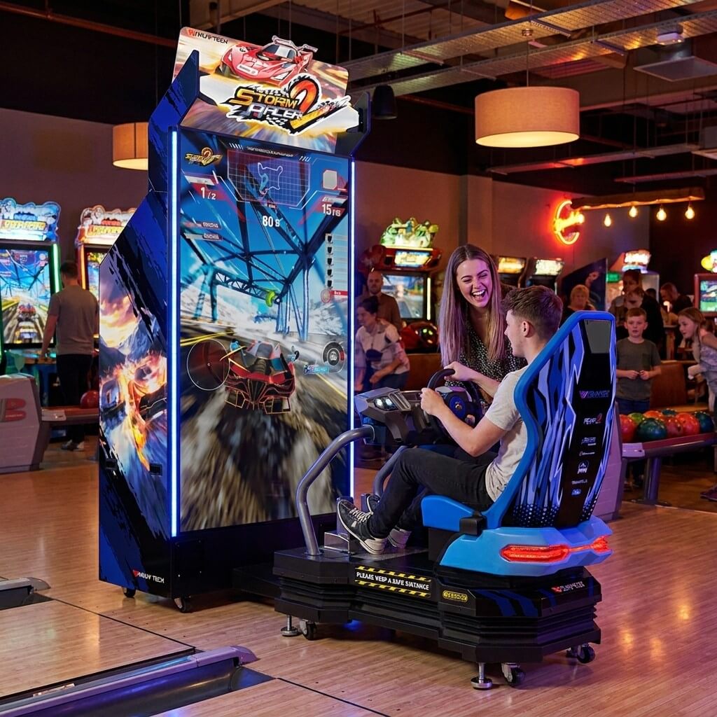 Young adult racing on Storm Racer 2 at a bowling alley in the evening while a friend watches
