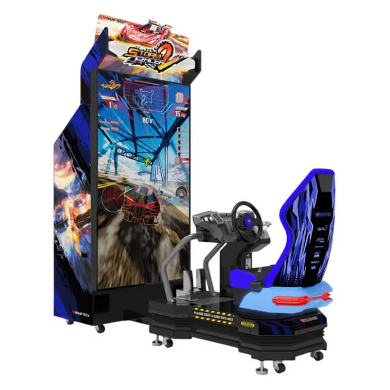 Storm Racer 2 motion racing arcade machine with 85 inch screen and blue racing seat