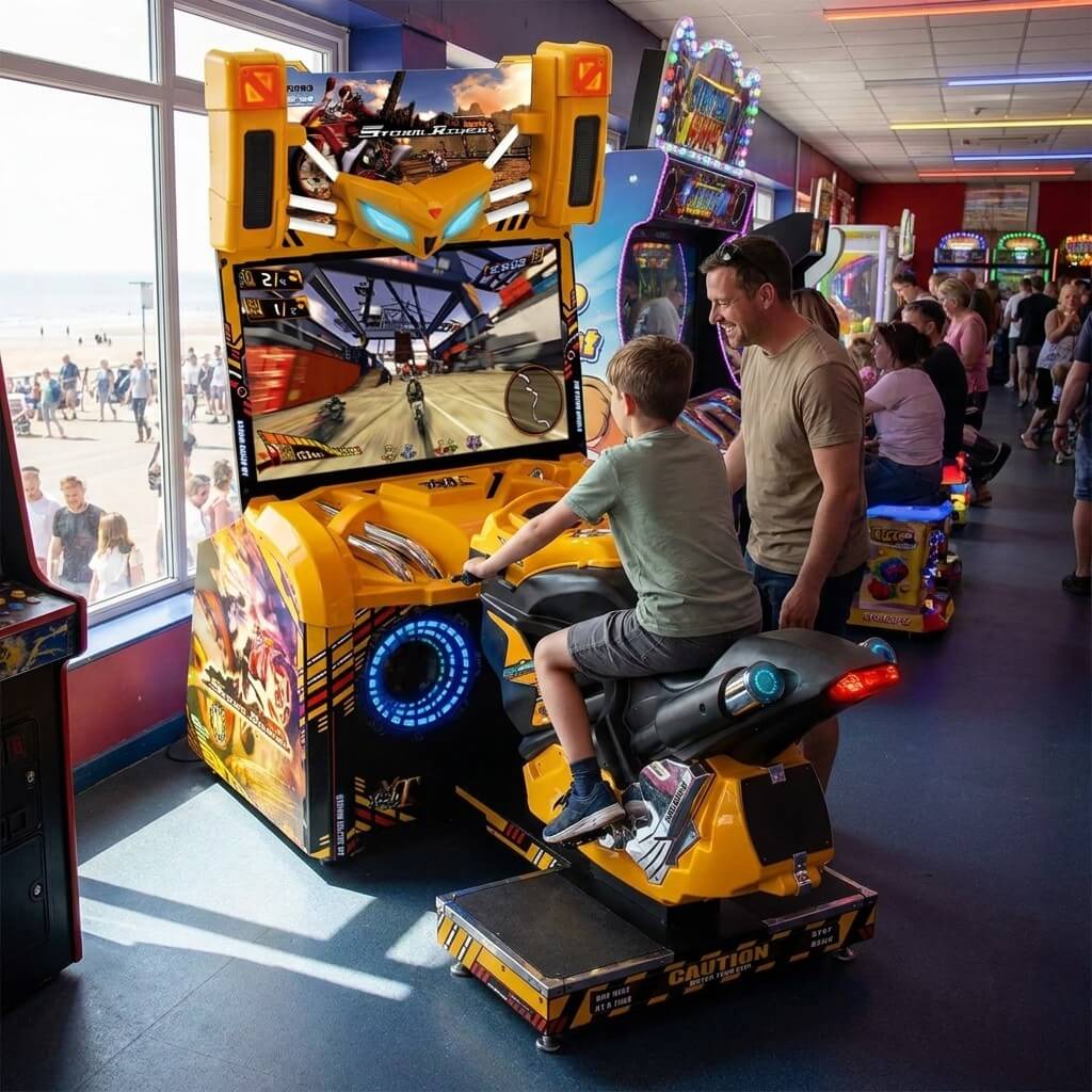 Storm Rider motorbike racing arcade machine in a UK seaside arcade with a child riding