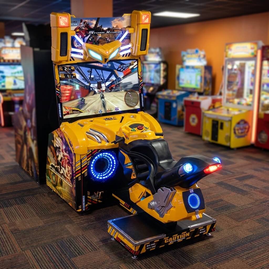 Storm Rider arcade machine glowing in a family entertainment centre