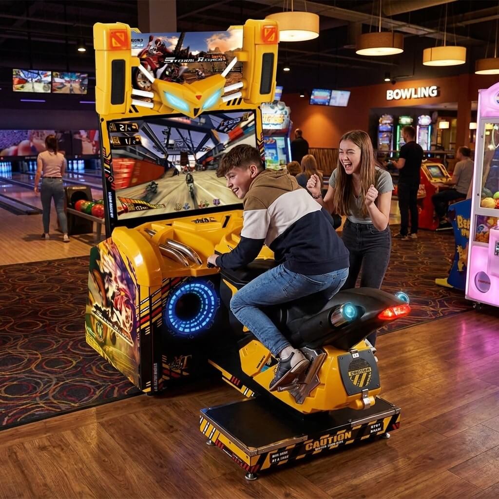 Teenager leaning into a corner on Storm Rider at a bowling alley in the evening