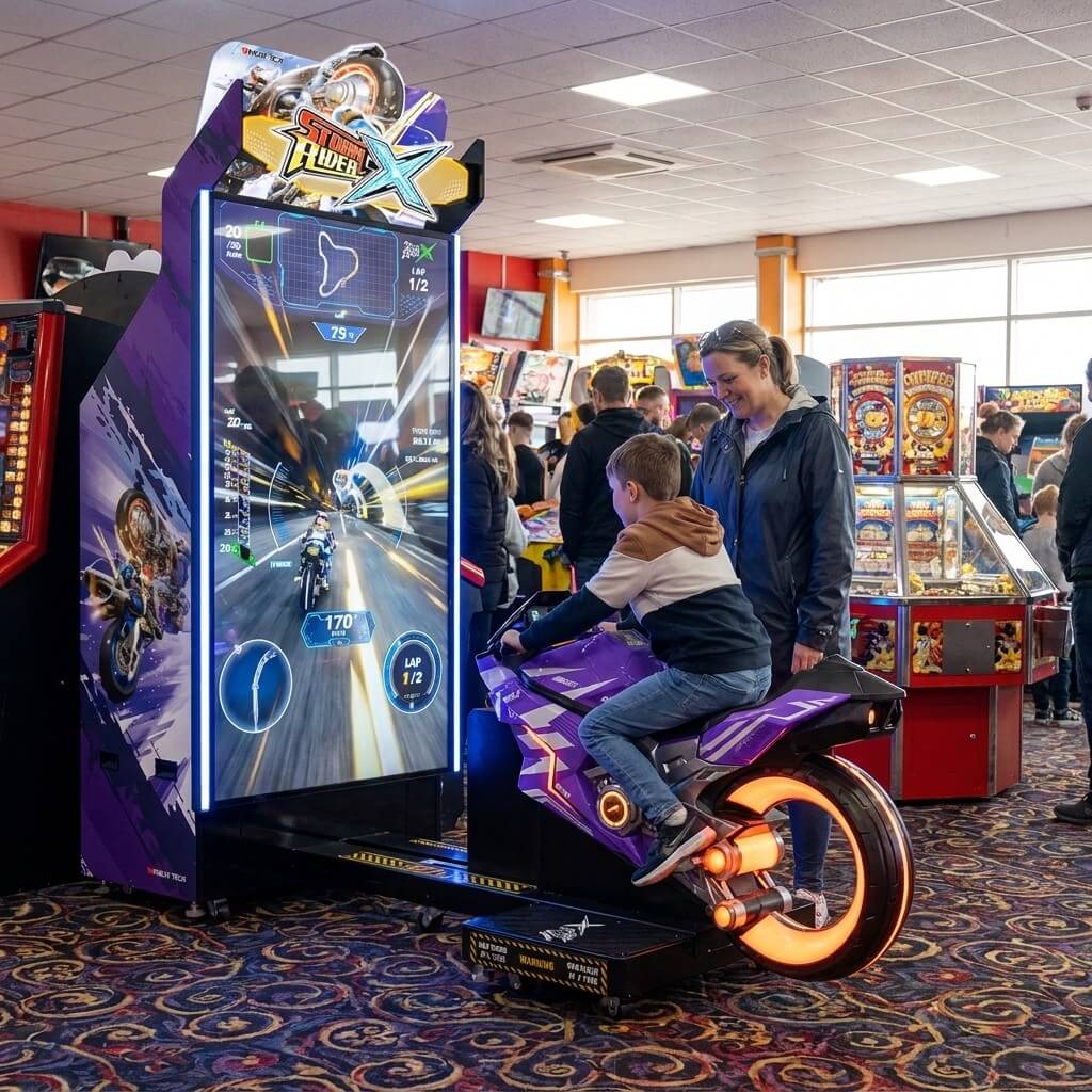 Storm Rider X motorbike racing arcade machine in a UK seaside arcade with a child riding