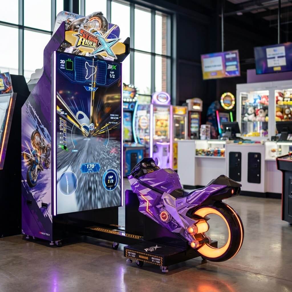 Storm Rider X arcade machine glowing in a family entertainment centre