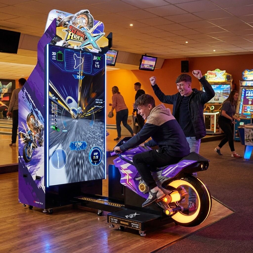 Teenager leaning into a corner on Storm Rider X at a bowling alley in the evening