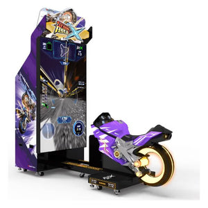 Storm Rider X motorbike racing arcade machine with 85 inch screen and purple ride-on superbike