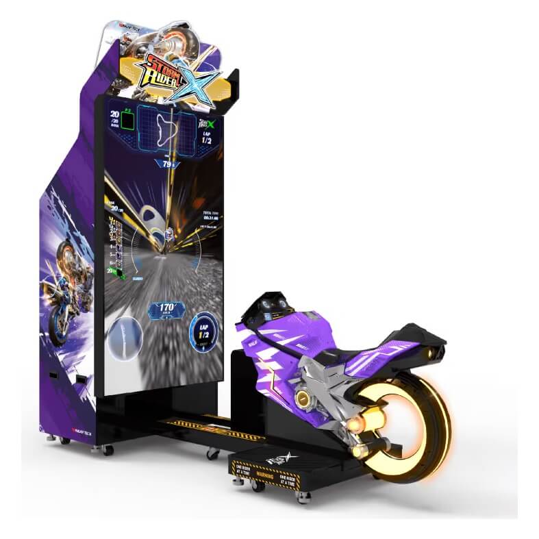 Storm Rider X motorbike racing arcade machine with 85 inch screen and purple ride-on superbike
