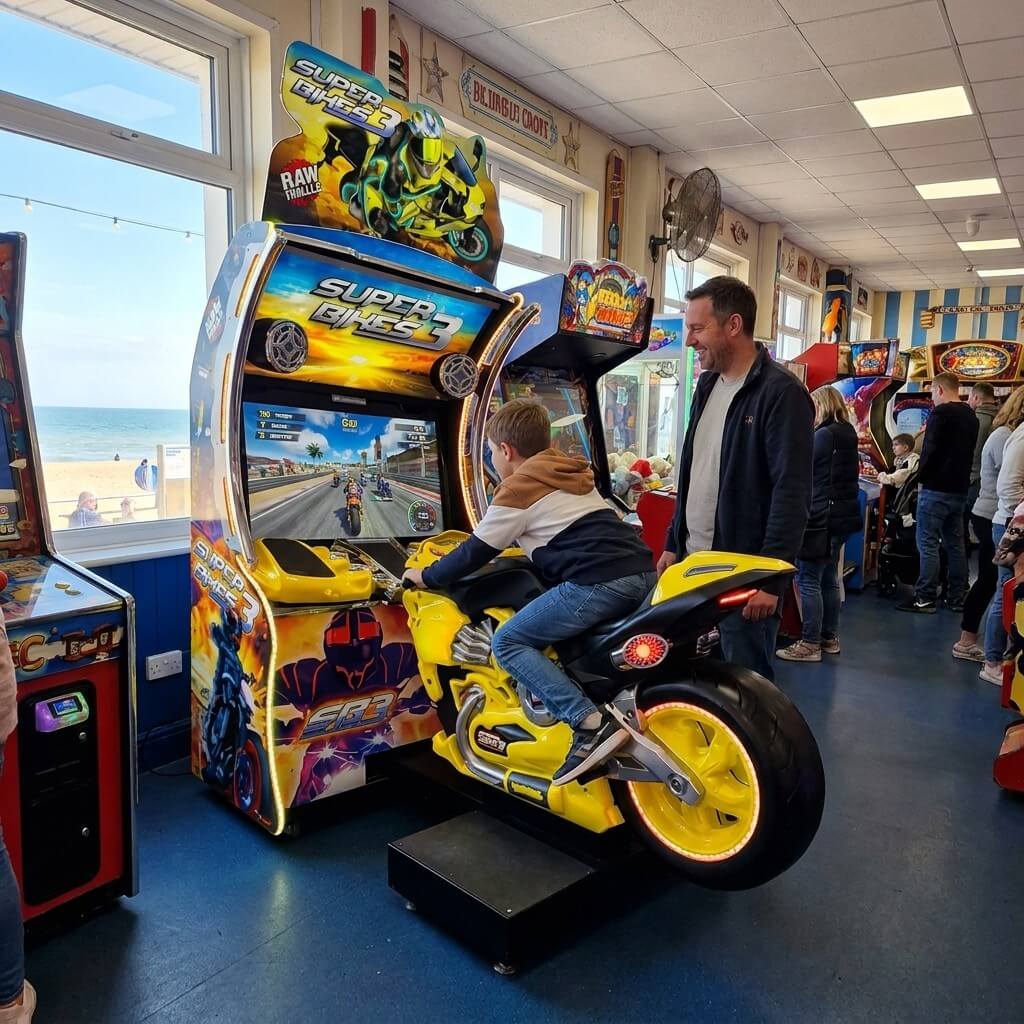 Super Bikes 3 motorbike racing arcade machine in a UK seaside arcade with a child riding