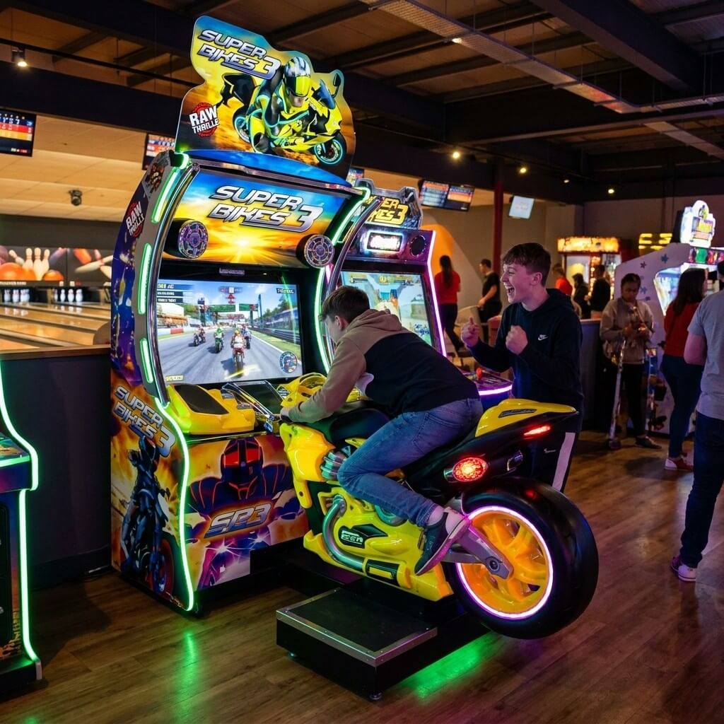 Teenager leaning into a corner on Super Bikes 3 at a bowling alley in the evening