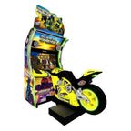 Super Bikes 3 motorbike racing arcade machine with LED-lit cabinet and yellow ride-on bike