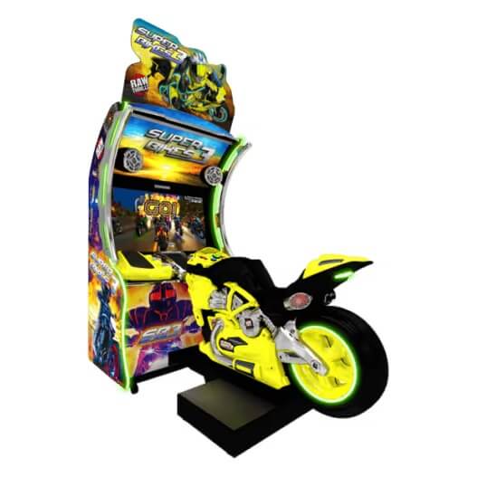 Super Bikes 3 motorbike racing arcade machine with LED-lit cabinet and yellow ride-on bike