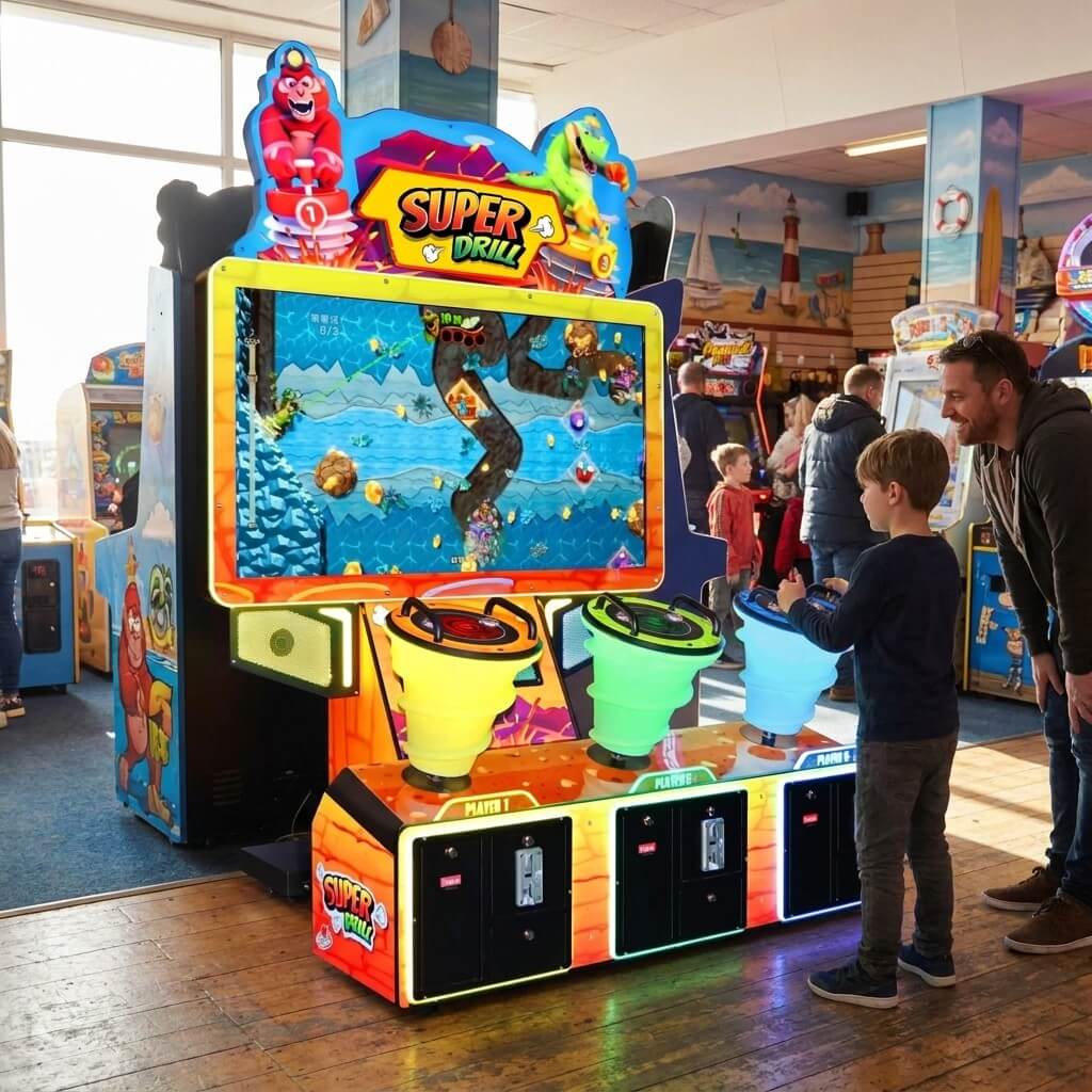 Super Drill 3 player arcade machine in a UK seaside arcade with a child playing