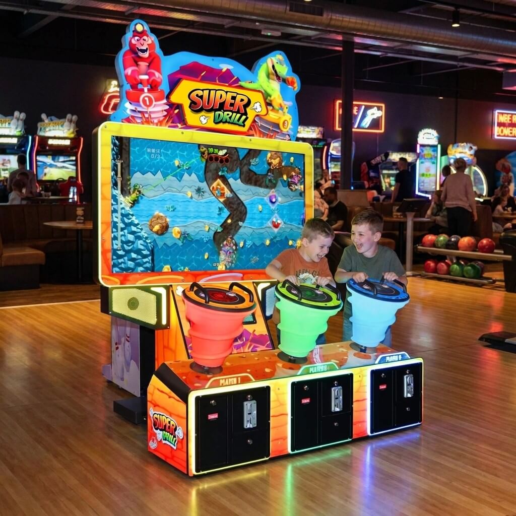 Three children playing Super Drill at a bowling alley in the evening