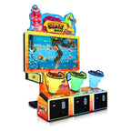 Super Drill 3 player arcade machine with orange cabinet, large screen and red, green and blue drill controllers