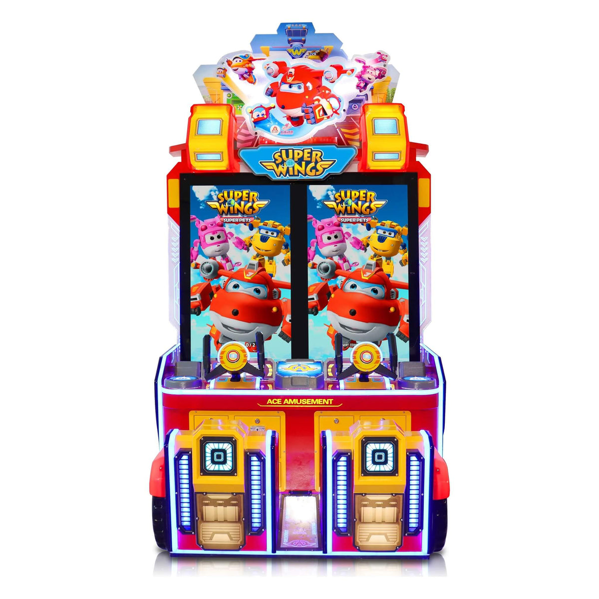 Super Wings Skyrocket arcade machine from the front with two screens and Super Wings artwork
