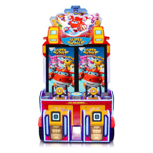 Super Wings Skyrocket arcade machine from the front with two screens and Super Wings artwork