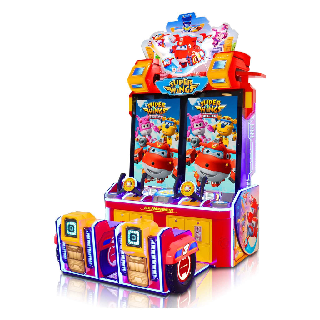 Super Wings Skyrocket kids driving arcade machine from the side showing the seats and steering wheels