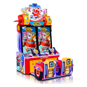 Super Wings Skyrocket kids driving arcade machine from an angle showing the twin screens and seats