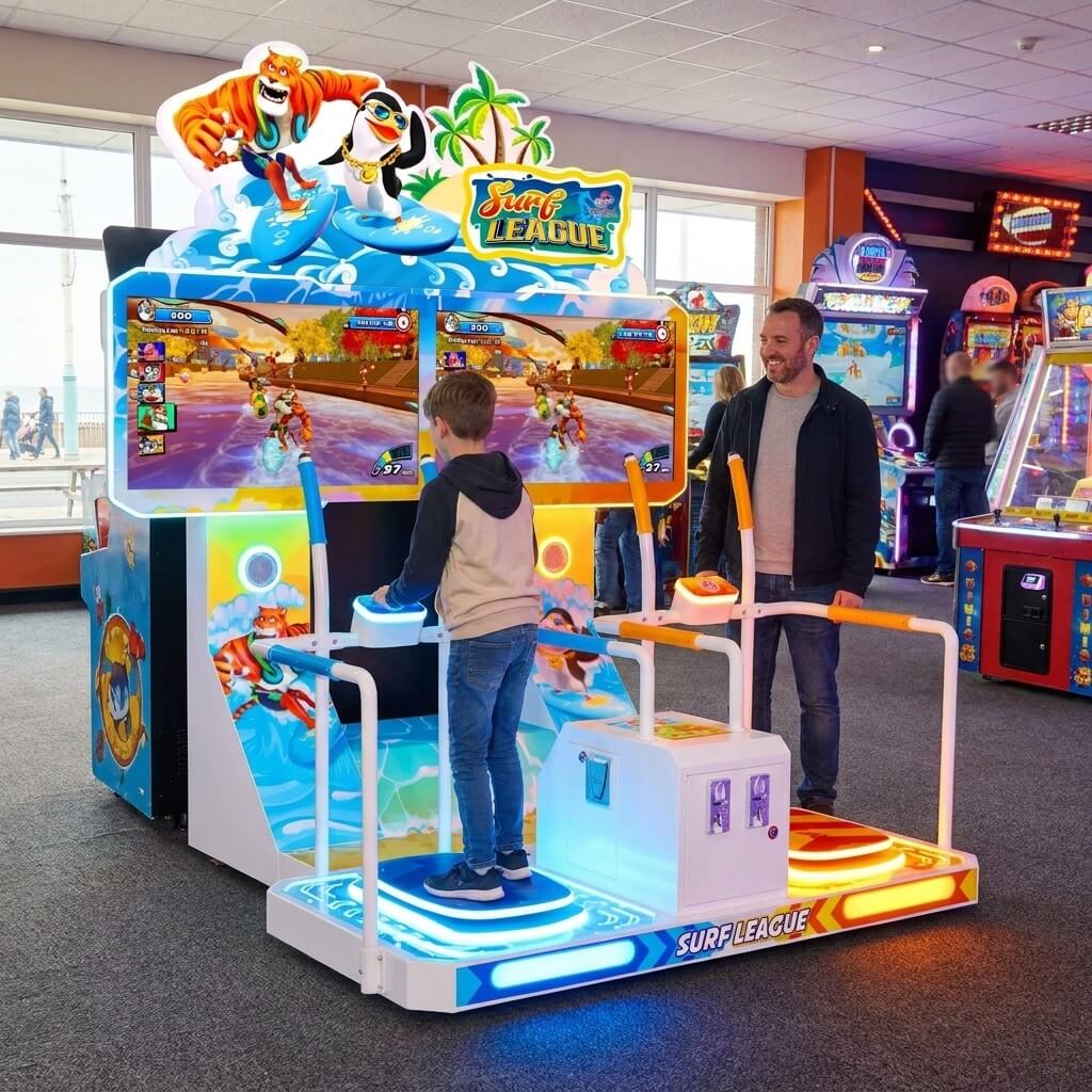 Surf League surfing arcade machine in a UK seaside arcade with a child riding the surfboard