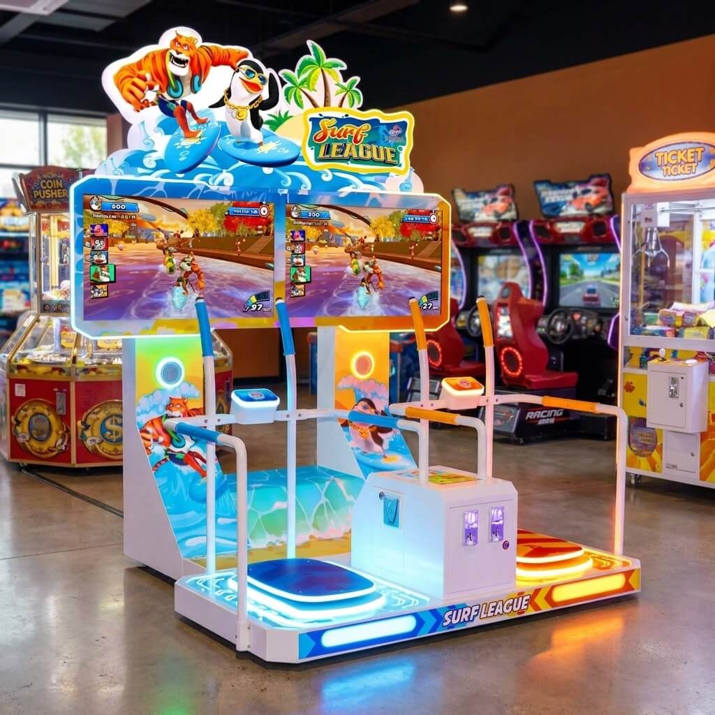 Surf League arcade machine glowing in a family entertainment centre