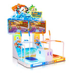 Surf League surfing arcade machine with two screens, tropical sign and two surfboard platforms with handrails