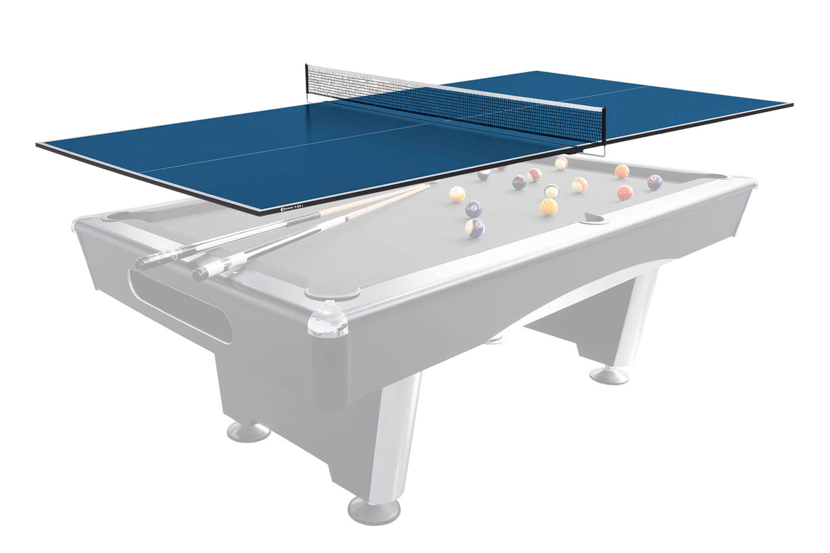 Blue table tennis top with net fitted over an American pool table, available as an add-on for the Dynamic Salem