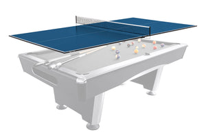 Blue table tennis top with net fitted over an American pool table, available as an add-on for the Dynamic Upcon