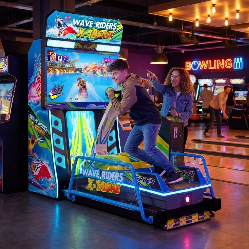 Teenager riding Wave Rider X-Treme at a bowling alley in the evening while a friend cheers