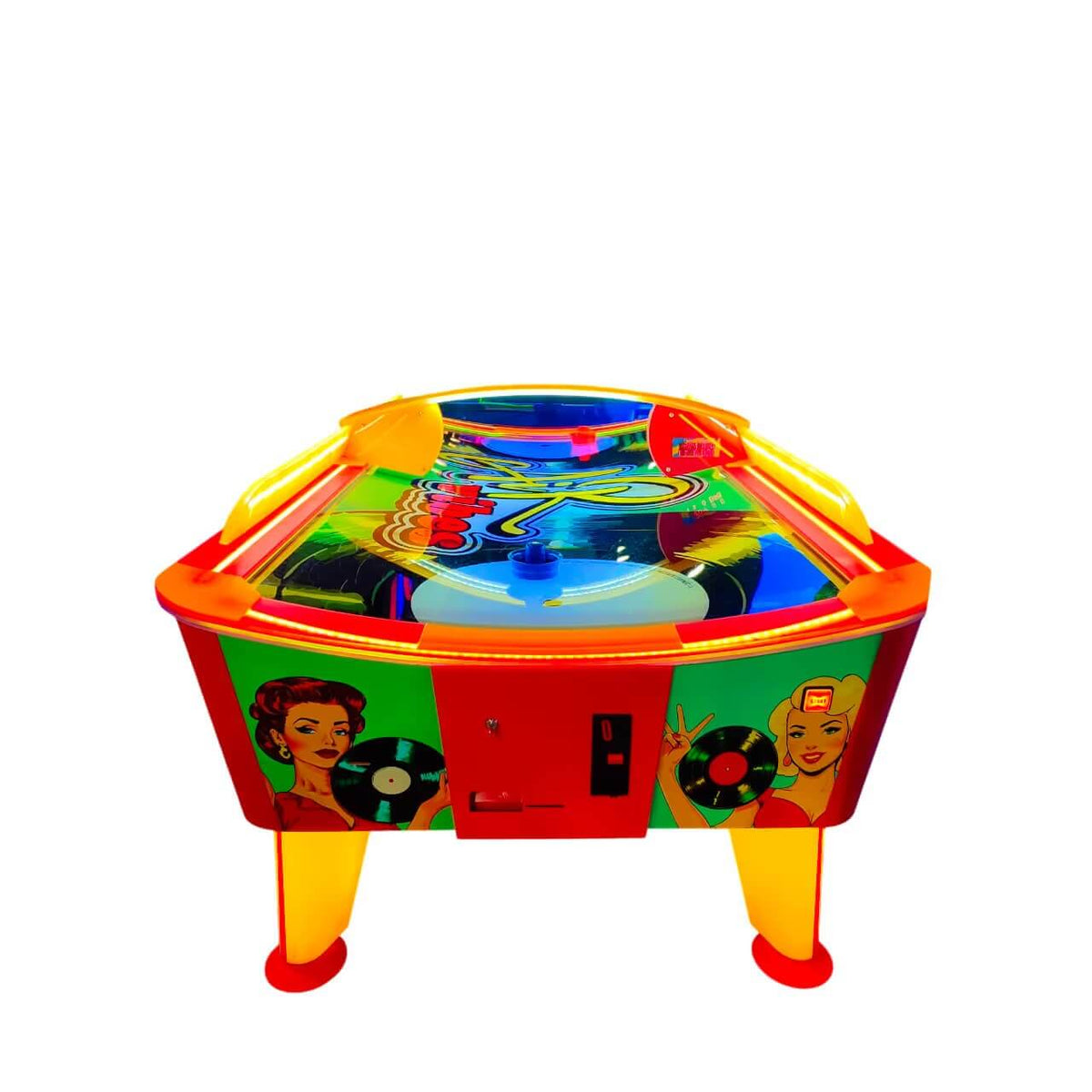 WIK Air Vibes outdoor air hockey table from the end, showing the curved playfield and barriers