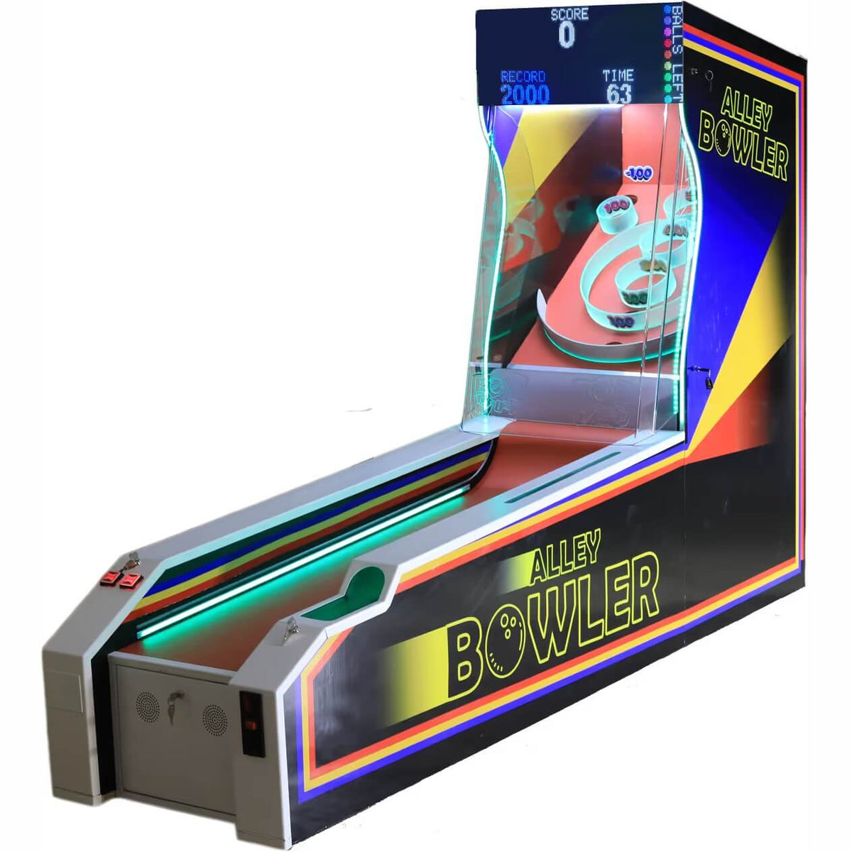 WIK Alley Bowler Black ticket arcade machine with black cabinet, coloured stripes and score display